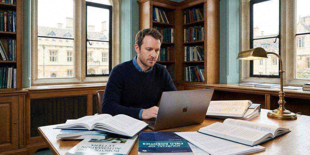 Dr. Markus Lindner working at his desk with robotics journals