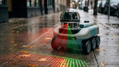 LiDAR sensor mounted on an autonomous robot scanning a city sidewalk