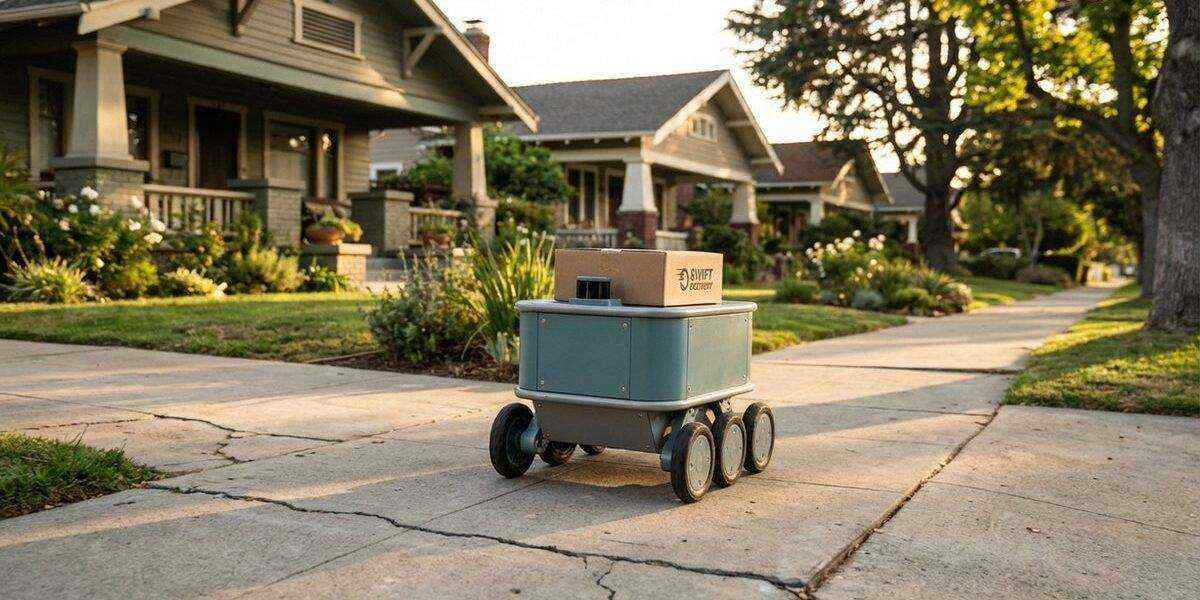 Autonomous delivery robot carrying a package on a suburban sidewalk