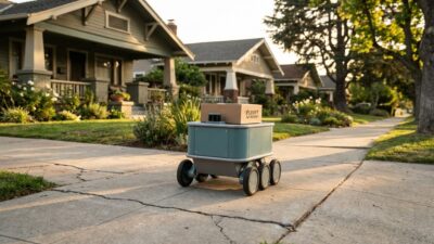 Autonomous delivery robot carrying a package on a suburban sidewalk