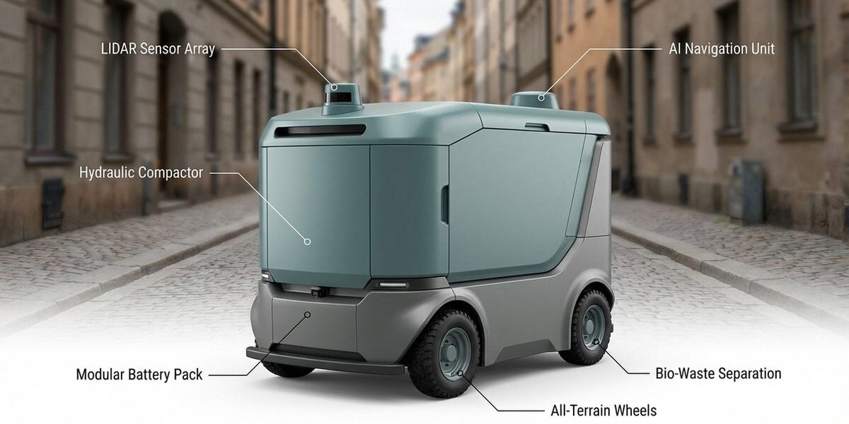 Technical product photo of an autonomous waste collection robot