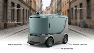Technical product photo of an autonomous waste collection robot