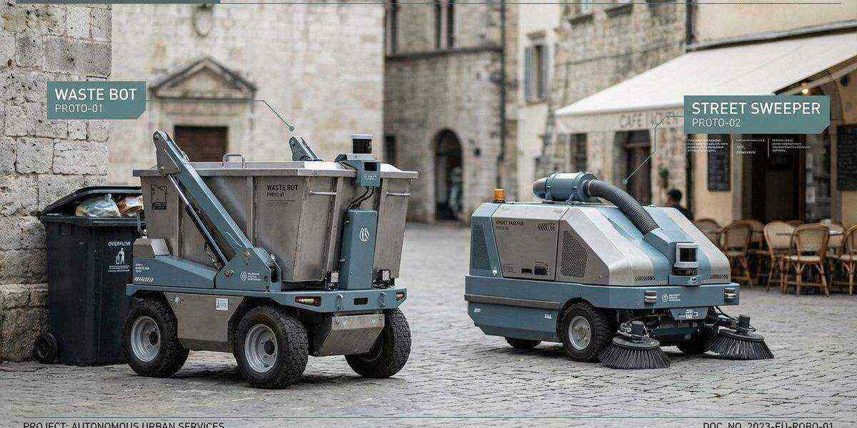 Two autonomous robot prototypes in a European town square