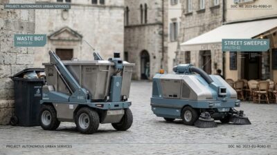 Two autonomous robot prototypes in a European town square