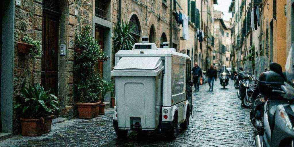 DustCart autonomous waste collection robot navigating an Italian alley