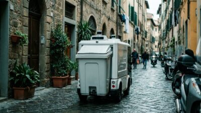 DustCart autonomous waste collection robot navigating an Italian alley