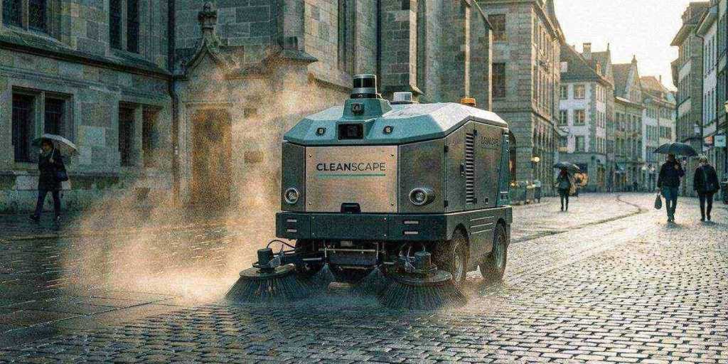 DustClean autonomous street sweeping robot with rotating brushes