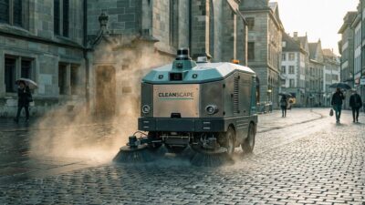 DustClean autonomous street sweeping robot with rotating brushes