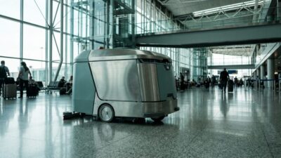 Gaussian Robotics autonomous floor cleaning robot in an airport terminal