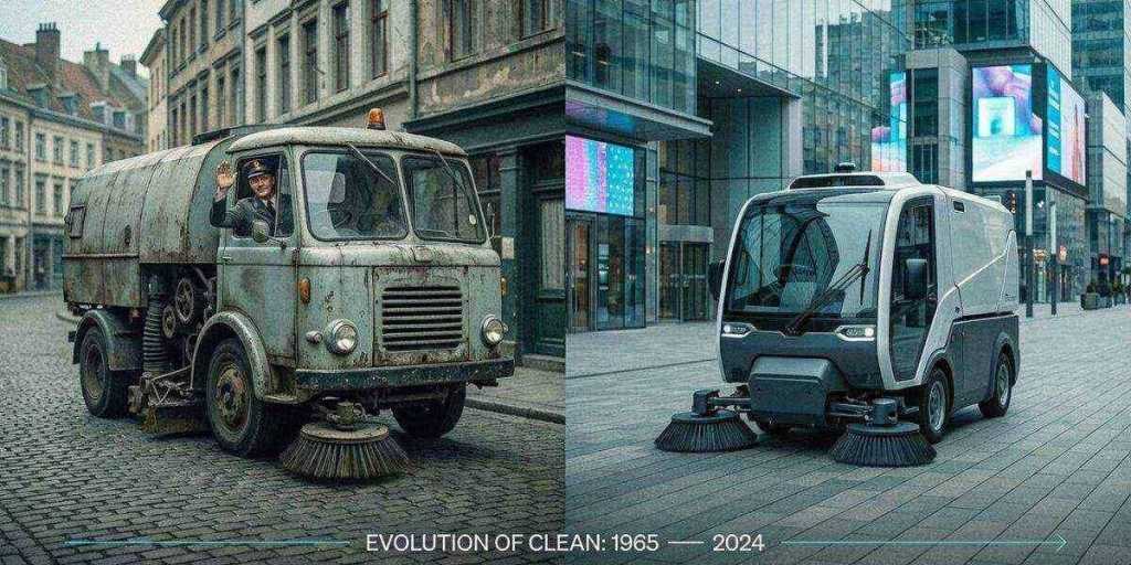 Evolution of street cleaning from vintage sweeper trucks to modern autonomous robots