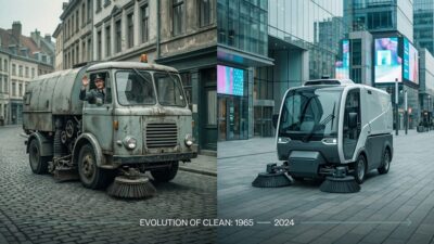 Evolution of street cleaning from vintage sweeper trucks to modern autonomous robots