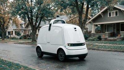 Nuro autonomous delivery vehicle on a suburban road