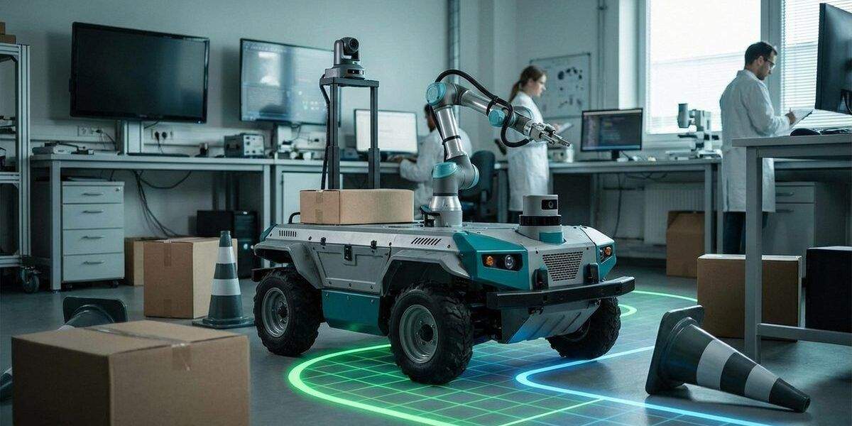 Autonomous robot navigating obstacles on a test course with path planning overlay