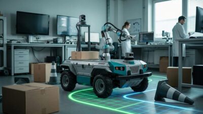 Autonomous robot navigating obstacles on a test course with path planning overlay