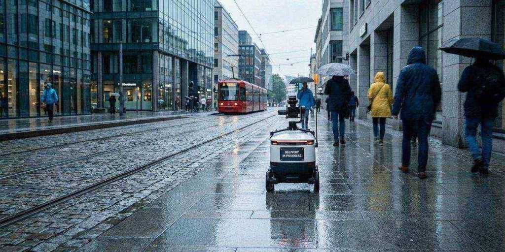 Autonomous robot navigating a European city sidewalk among pedestrians