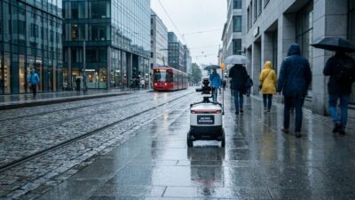 Autonomous robot navigating a European city sidewalk among pedestrians