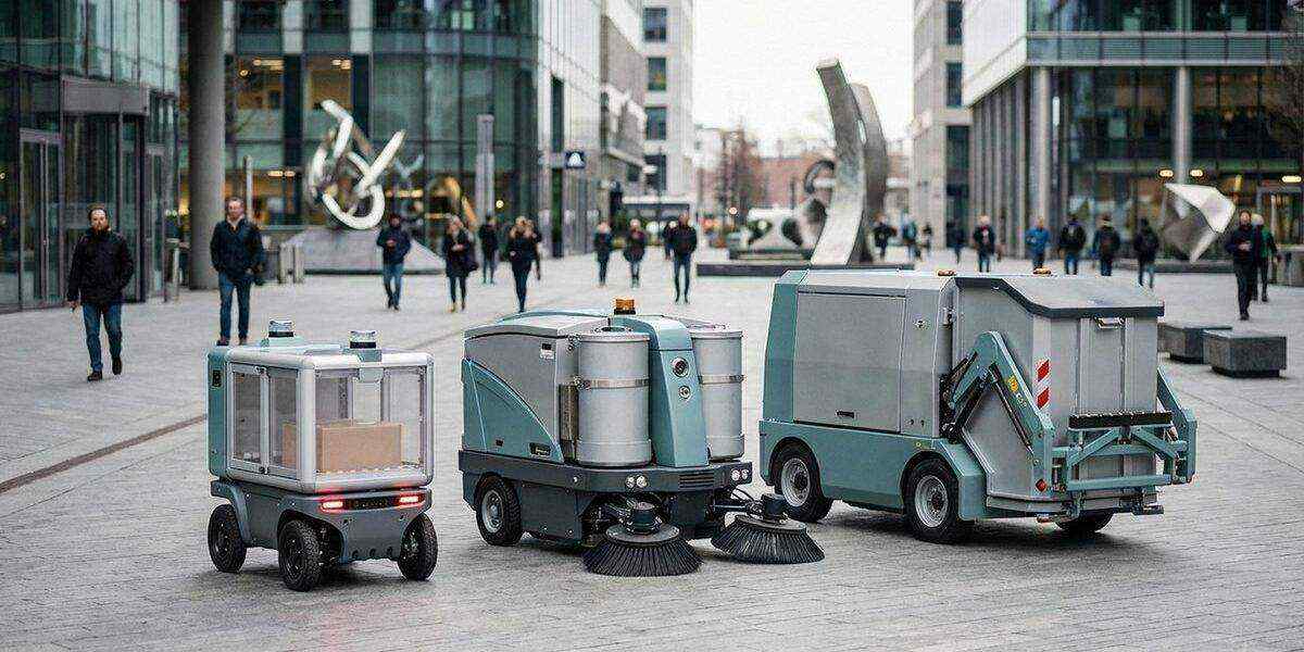 Various autonomous service robots in an urban plaza