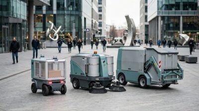 Various autonomous service robots in an urban plaza